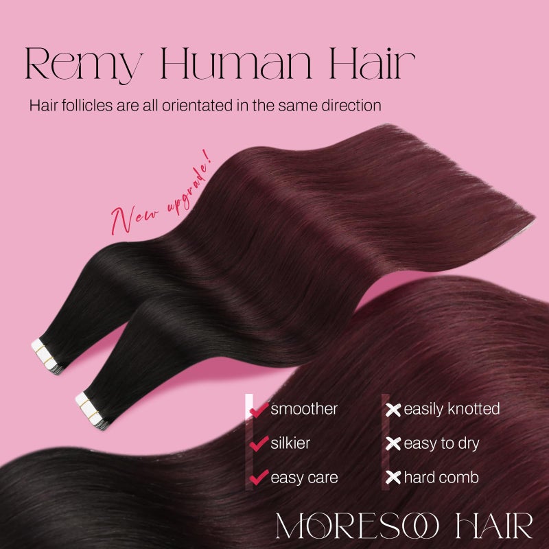 Moresoo Burgundy Tape in Hair Extensions Real Human Hair Off Black to Black with Wine Red Tape in Human Hair Extensions Balayage Real Hair Glue in Extensions 18 Inch #1B/99J 20pcs 50g - Image 2